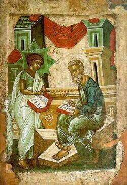 Apostel en Evangelist Mattheos. Russische ikoon van de 15de eeuw.